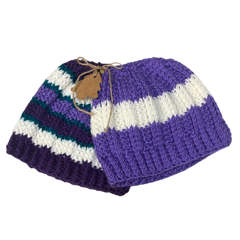 Handmade Crochet Beanie Set Winter Textured Sweater Knit Metallic Purple Aqua